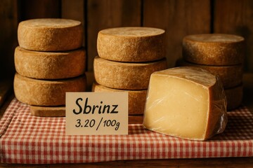 Stacked wheels of Sbrinz cheese on red-checked tablecloth in rustic setting, showcasing traditional hard Swiss cheese for culinary presentation