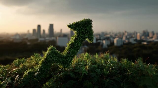 An upward-pointing arrow made of green grass grows on a hill overlooking a city skyline, symbolizing sustainable development, green investment, esg principles, and economic growth