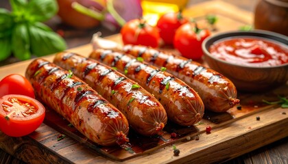 A mouthwatering display showcasing grilled sausages on a wooden board. Accompanied by fresh tomatoes, sauce in a bowl, herbs, and spices