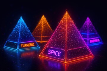 Colorful holographic pyramids representing different spices like paprika, turmeric, ginger, and basil in a futuristic digital display