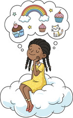 Cartoon girl daydreaming on cloud, thought bubble with rainbow, cupcakes, cat, stars, imagination scene, creative fantasy, colorful illustration design