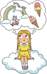 Cartoon girl daydreaming, cloud sitting, unicorn jumping rainbow, cat on skateboard, ice cream cones, imagination concept, fantasy scene, vector art, playful