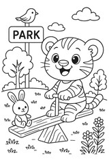 Fototapeta premium A cute cartoon tiger and rabbit play together on a seesaw in a park