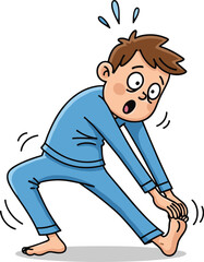 Cartoon person stretching in pajamas, morning exercise, physical effort, funny workout pose, discomfort expression, colorful illustration, wellness activity, humorous design