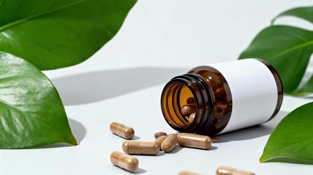 Herbal supplement capsules spill from an overturned amber bottle with a blank label mockup on a white background with green leaves, representing natural medicine and wellness