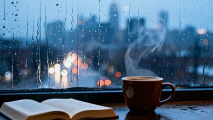 A steaming cup of hot coffee and an open book sit on a windowsill on a rainy day, with raindrops on the glass and a blurry city view, creating a scene of peaceful solitude and reading - Powered by Adobe