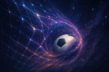 A soccer ball floating through a colorful cosmic vortex, blending sports with surreal outer space elements