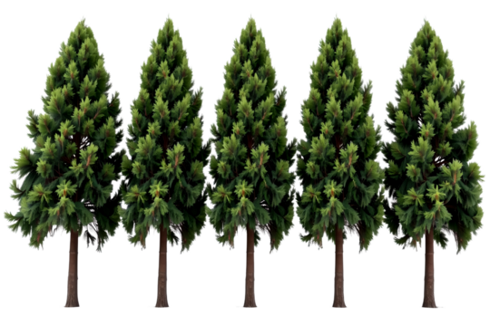 five tall trees standing side by side, showcasing their lush green foliage