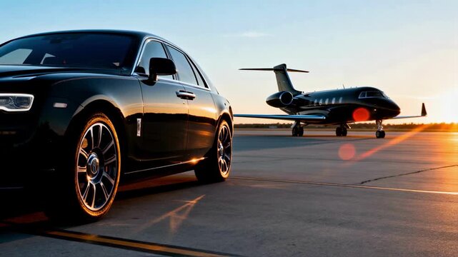A luxury black sedan is parked on an airport tarmac next to a private jet at sunset, symbolizing a lifestyle of wealth, success, exclusivity, and first-class business travel