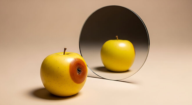Yellow apple with bruise reflected in mirror bruised apple