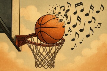 Basketball swishes through hoop transforming into musical notes, symbolizing harmony between rhythm and sport