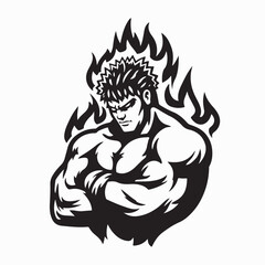 Heavyweight Wrestler with Flames Logo Vector Illustration Design Sport