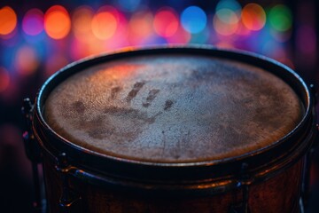 Close-up of drum with handprint and water droplets, symbolizing rhythm, touch, and emotion in live percussion