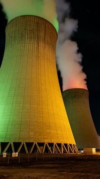 Two cooling towers of a nuclear power plant, illuminated with colored lights, release steam into the night sky, illustrating energy production, industrial might, and climate change debate