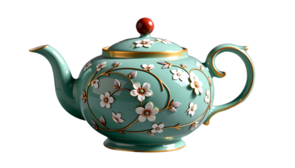 A beautifully decorated teapot with floral design. The teapot's intricate details, serene colors and beautiful floral design creates a sense of tranquility and appreciation for elegance