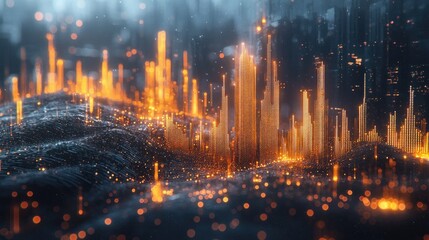 Abstract landscape of glowing orange bars over a textured grey surface