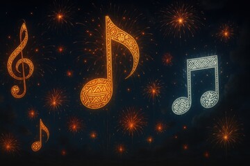 Fireworks illuminate the night sky with glowing musical notes, symbolizing celebration, art and joyful expression