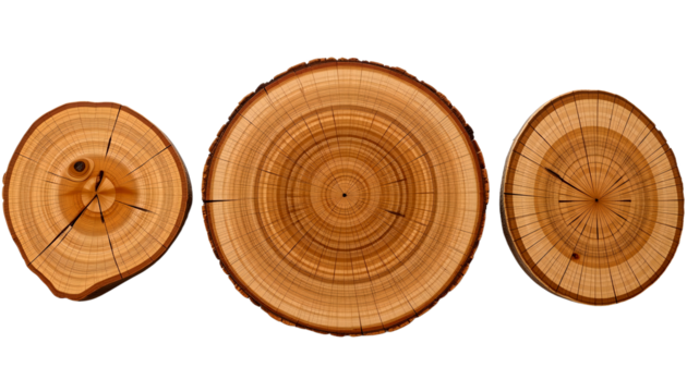 three cross-sections of tree trunks showcasing their growth rings and natural textures