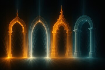 Stylized glowing arches of various architectural traditions shine brightly in an abstract and symmetrical space