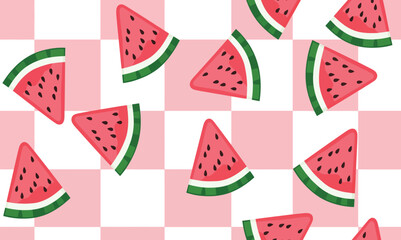 Seamless Watermelon Slices Pattern on Pink and White Checkered Background - Summer, Picnic, Fruit, Food, and Fun Textile Vector Design
