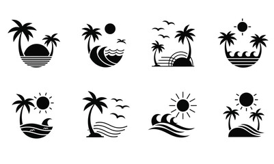 Tropical Beach Icon and Logo Set - Monochrome Silhouette Collection of Palm Trees, Sun, and Ocean Waves for Travel, Summer, and Vacation Branding