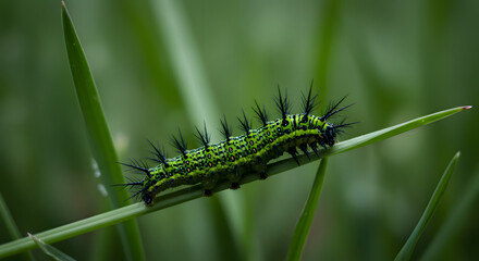 Vibrant Green Caterpillar Crawling on Lush Grass Leaf in Summer