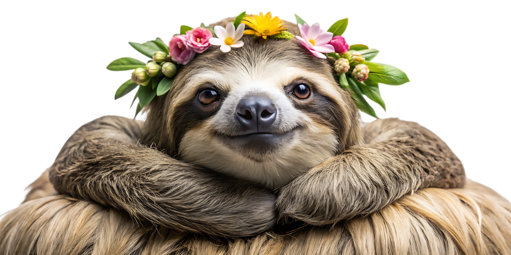 Adorable sloth wearing a flower crown gentle face portrait nature wildlife photography