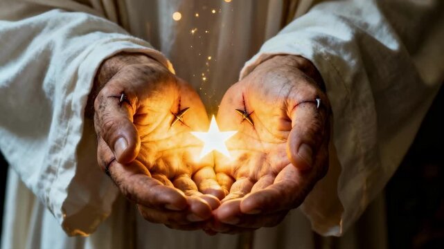 The scarred hands of jesus christ with visible stigmata marks are cupped together, holding a brightly glowing star that emits magical golden sparkles