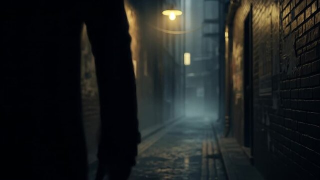 Mysterious figure walking through a dark alley at night with an ominous ambiance and suspenseful