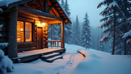 Cozy log cabin in a snowy forest at dusk with warm light emanating from the windows