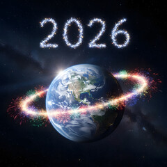 The year 2026 illuminated in stars above planet earth with a sparkling ring around it