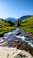 A clear mountain stream flows through a lush green valley under a bright blue sky
