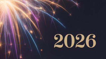 Bright fireworks explode in the night sky celebrating the arrival of the year 2026