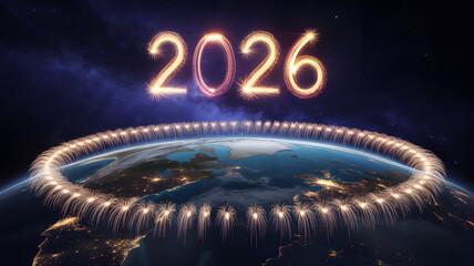 Sparkling fireworks form the year 2026 above the earth, celebrating the upcoming new year