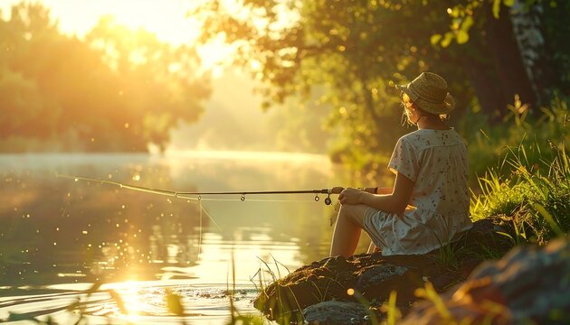 A person sits peacefully on a rock at the edge of a calm river, holding a fishing rod. The sun rises, casting a golden glow