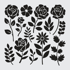 set of floral elements. Line art floral botanical design