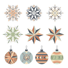 A set of colorful paper cut snowflakes and Christmas ornaments in orange, blue, and green hues on a white background for Thanksgiving and holiday decoration.