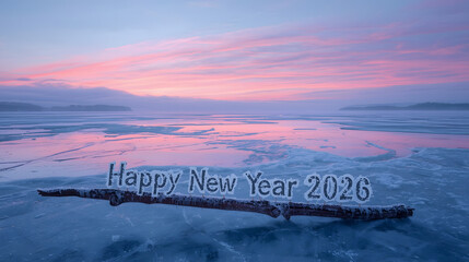 Happy new year 2026 text written on a frozen lake with a beautiful sunrise sky