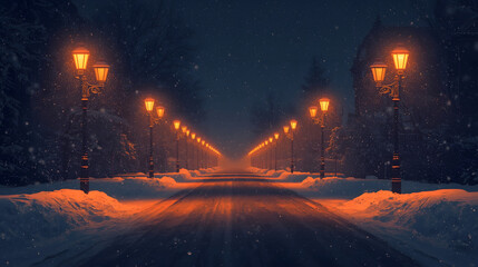 Snowy winter night with glowing streetlights illuminating a path through trees