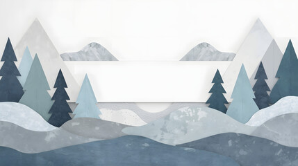 Abstract winter landscape with geometric mountains and pine tree forest in blue and grey