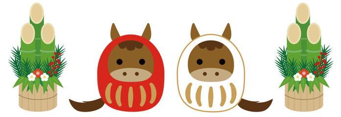 シンプルでかわいい紅白の午だるまと門松のセット