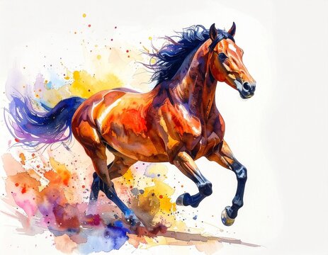 Watercolor painting of horse in motion with flowing mane and vibrant splashes of color for editorial art photography expressive decor and poetic vitality-themed visuals
