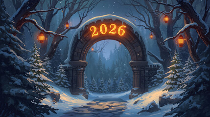 Magical snowy forest archway with glowing 2026 numbers and lanterns in winter