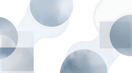 Abstract blue watercolor circles and squares on white background