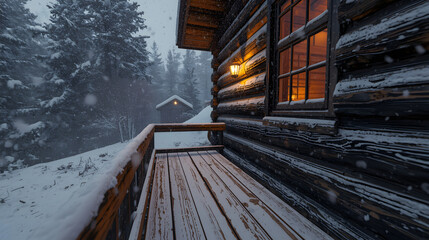 Cozy log cabin porch in a snowy winter landscape with warm light from window