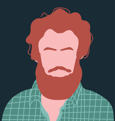 Abstract portrait of a red-haired man with a beard, mustache, and thick hair. Hand-drawn vector illustration.