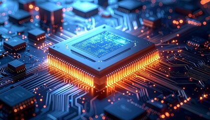 Fototapeta premium Digital rendering of central processing unit (CPU) glowing blue on motherboard with visible circuitry and components for editorial technology photography computing decor and poetic innovation-themed v