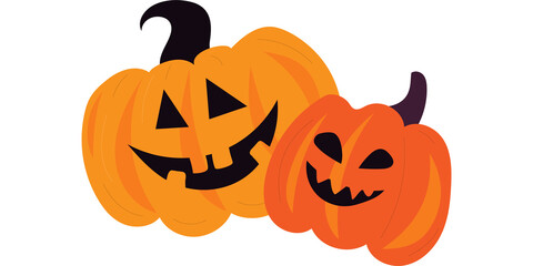Two smiling halloween pumpkins cartoon illustration, Funny jack o lantern pumpkin design, Cute halloween pumpkin faces art