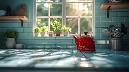 Bright, tiled kitchen scene with red kettle by window and green plants