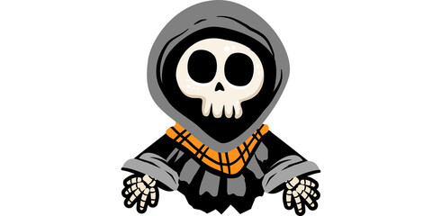 Cute cartoon grim reaper character illustration, Funny skeleton in hood Halloween design, Adorable skull mascot cartoon drawing